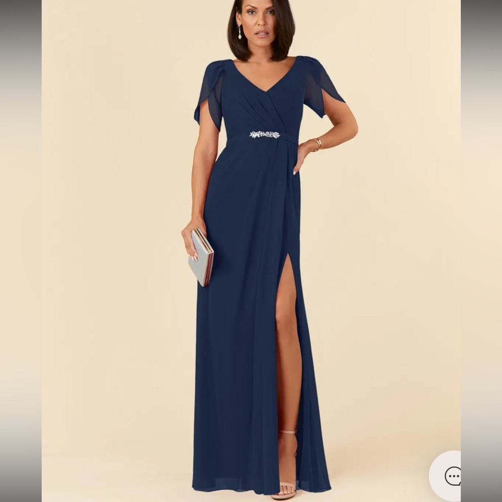 Azazie Marianne Neptune Sheath VNeck Pleated Chiffon Dress Size 24 New With Tags